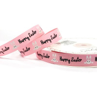 16mm Bertie's Bows Pink Polyester Grosgrain Ribbon Bunnies Happy Easter Print